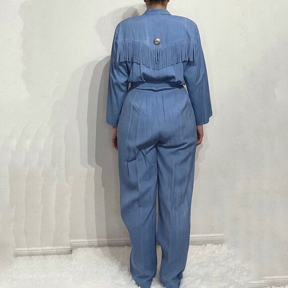 Rabbit Rabbit Rabbit Chambray Vintage Fringe Jumpsuit Sz M - Picture 10 of 12